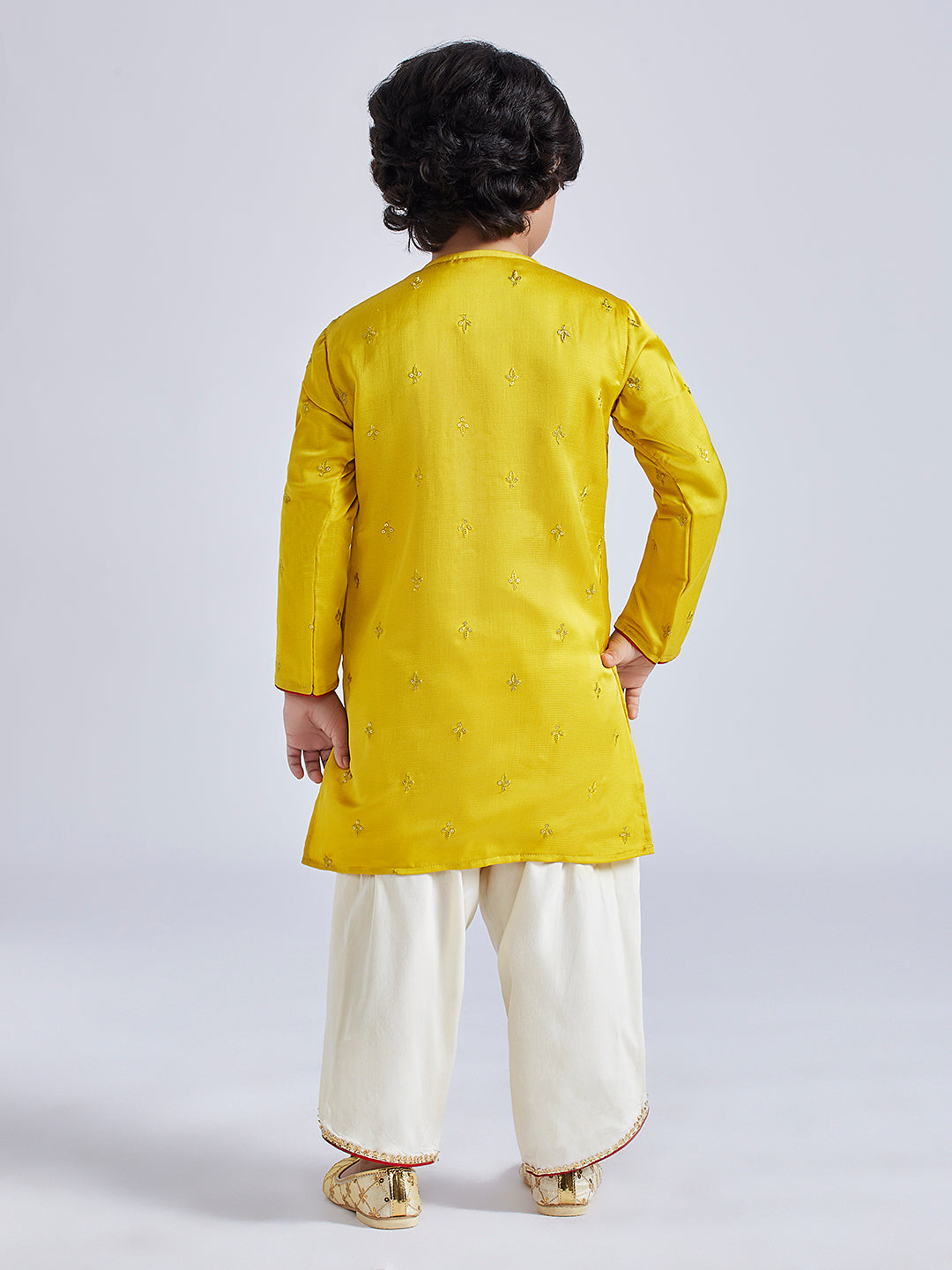 Infant Boy's' Yellow And Cream Silk Blend Kurta And Dhoti Set
