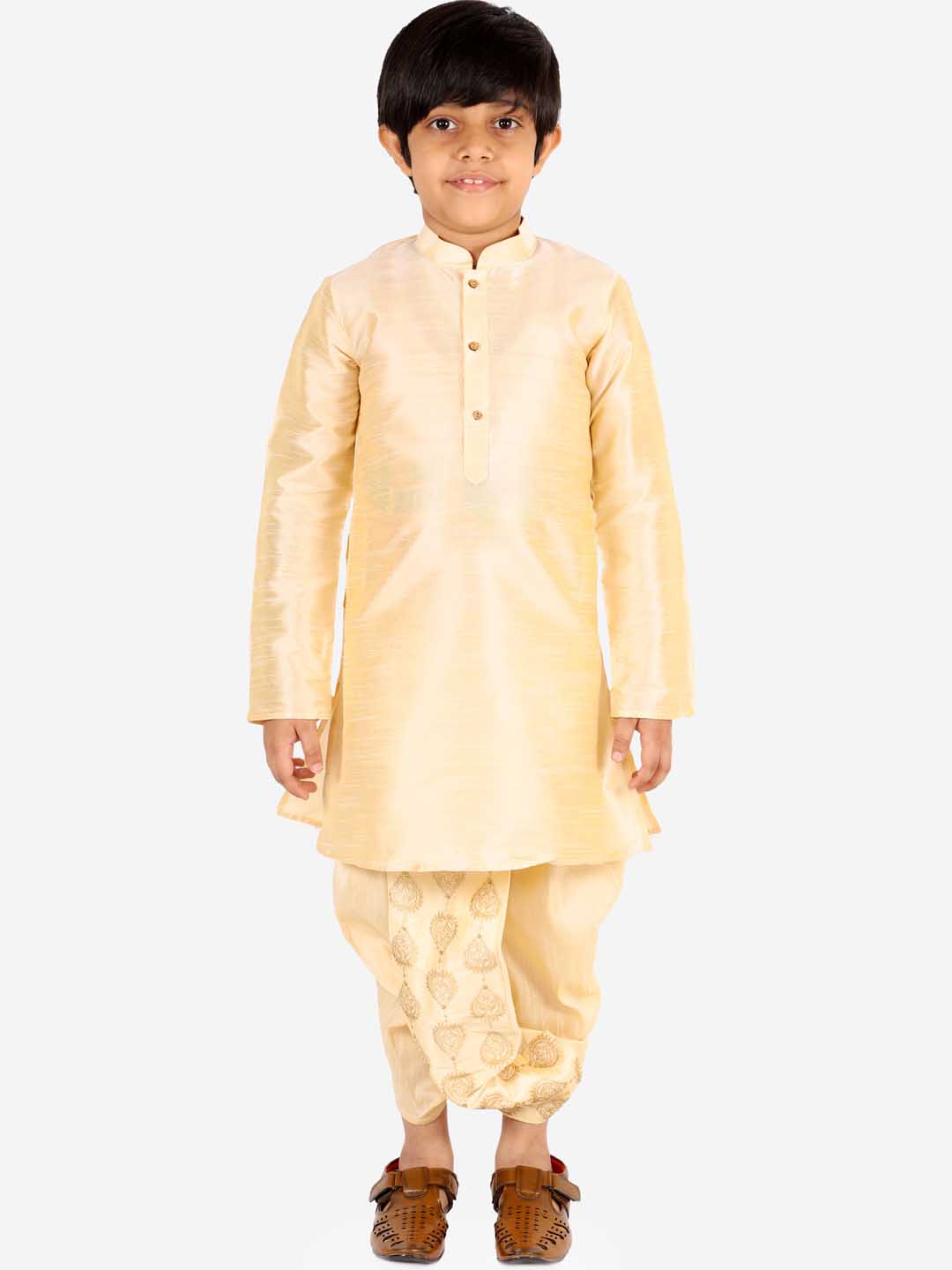 Boy's' Gold Silk Blend Embroidered Dhoti
