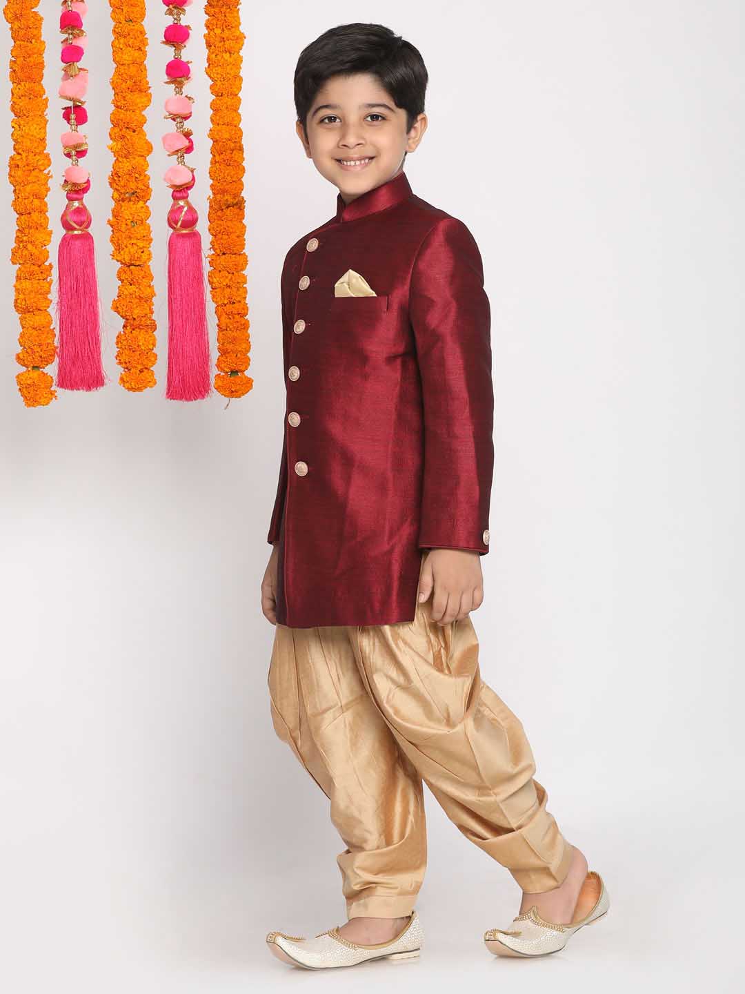 Boy's Maroon And Rose Gold Indowestern Set