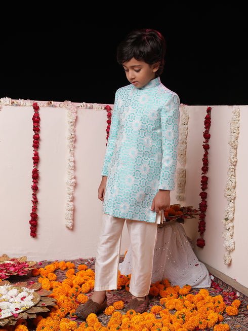 Boy's' Blue Jacquard Sherwani Set