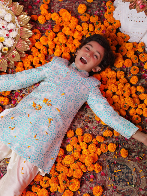 Boy's' Blue Jacquard Sherwani Set