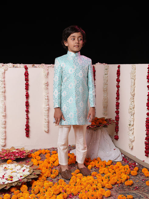 Boy's' Blue Jacquard Sherwani Set
