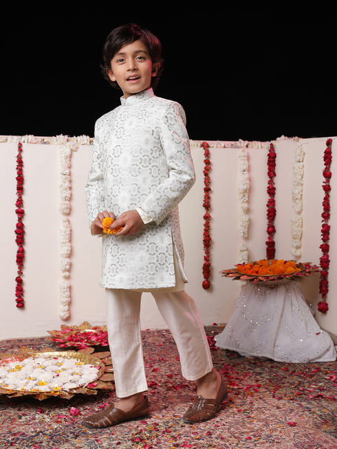 Boy's' Grey Jacquard Sherwani Set