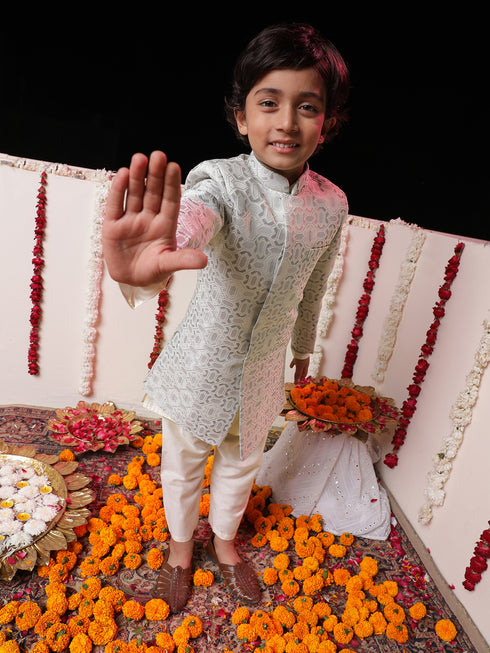 Boy's' Grey Jacquard Sherwani Set