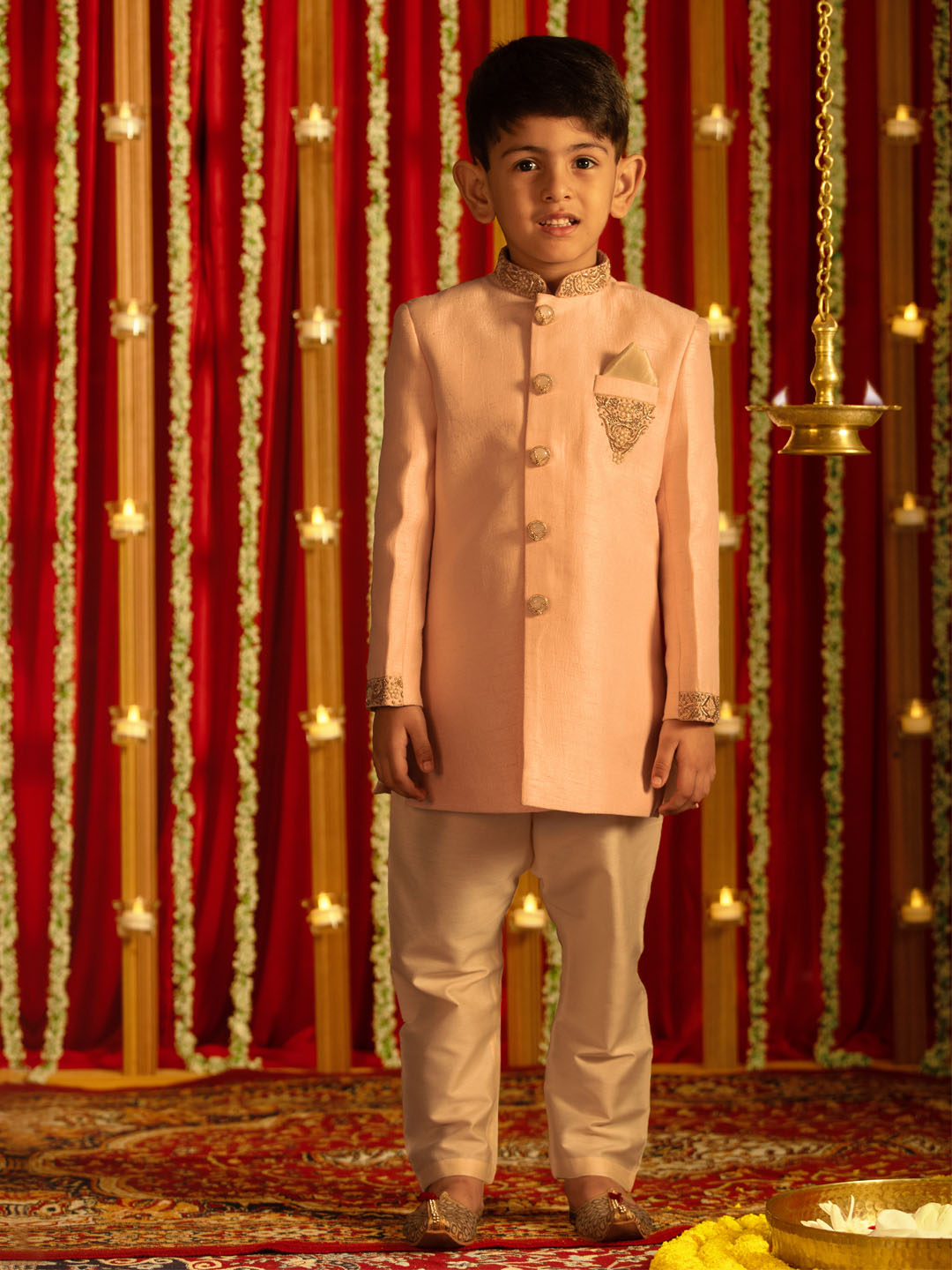 Boy's' Pink Silk Sblend Solid Sherwani Set