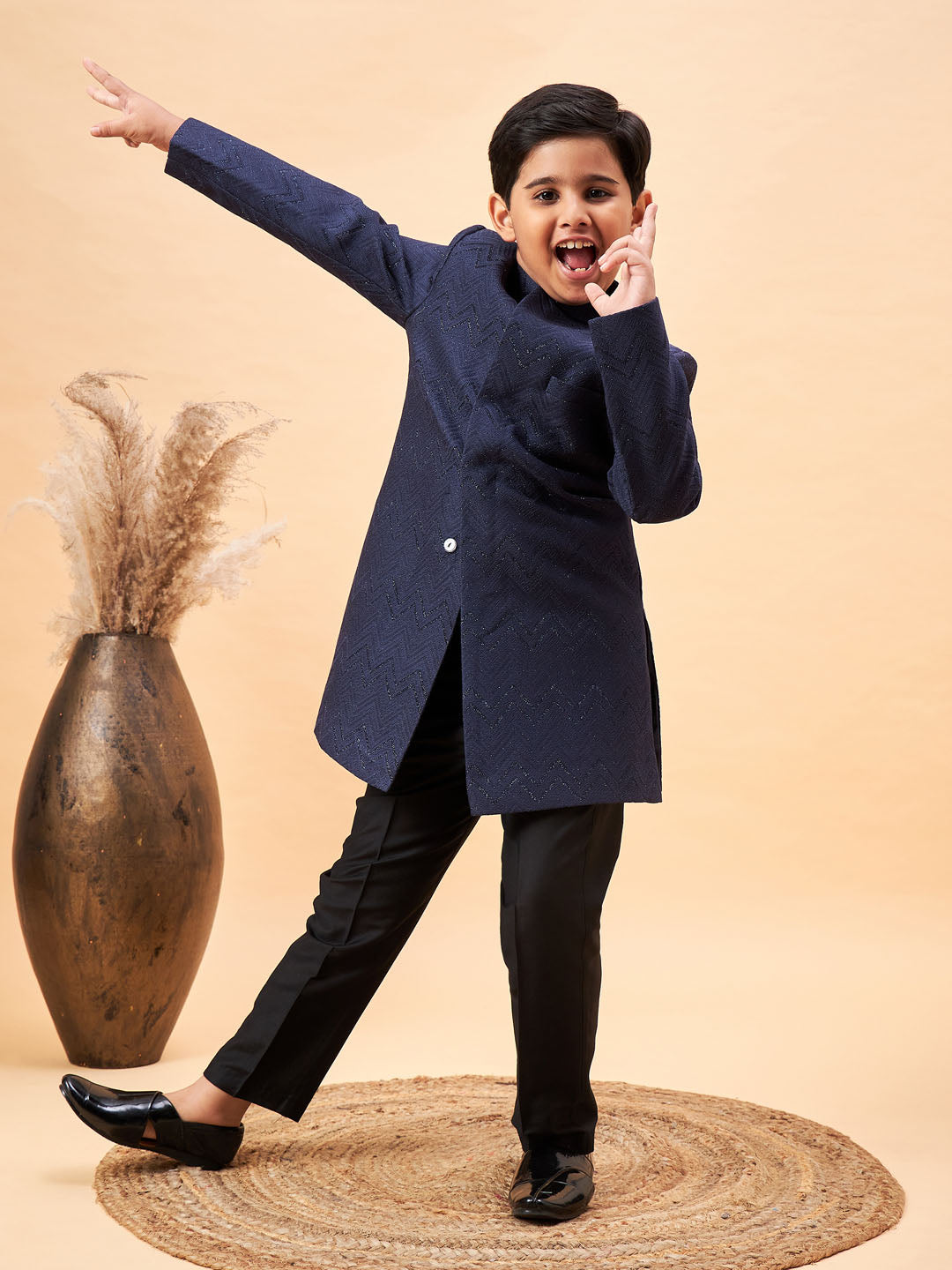 Boy's Navy Blue Glitter Indo Western Sherwani Set