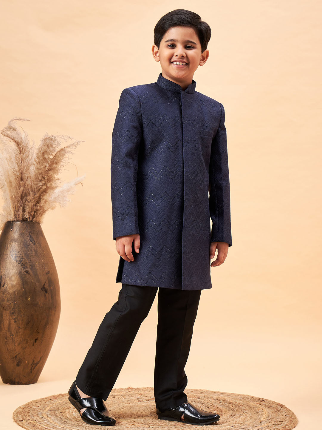 Boy's Navy Blue Glitter Indo Western Sherwani Set