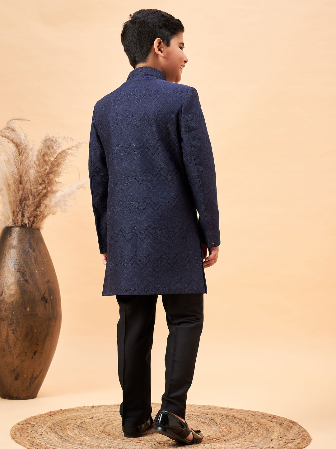 Boy's Navy Blue Glitter Indo Western Sherwani Set