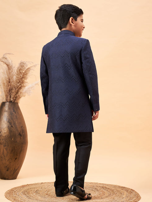 Boy's Navy Blue Glitter Indo Western Sherwani Set