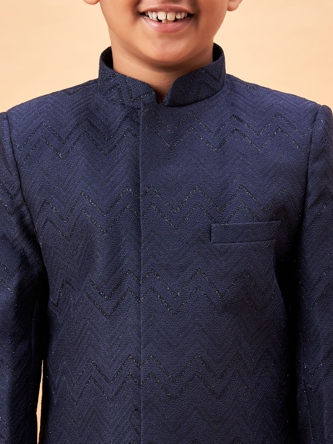Boy's Navy Blue Glitter Indo Western Sherwani Set