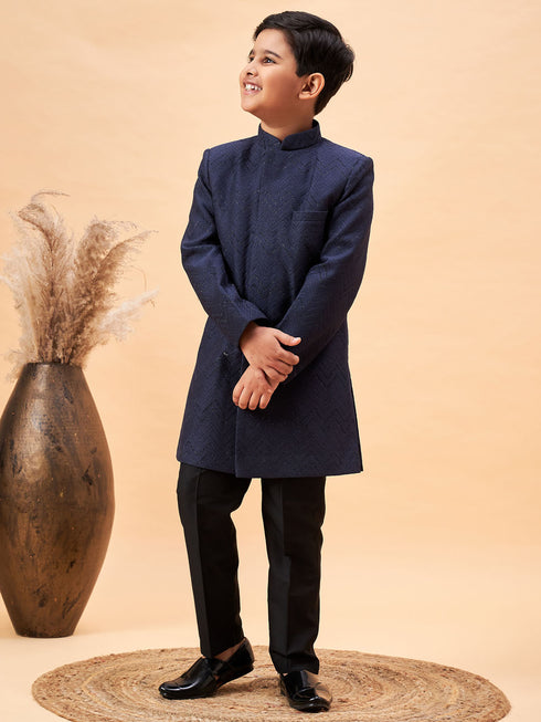 Boy's Navy Blue Glitter Indo Western Sherwani Set
