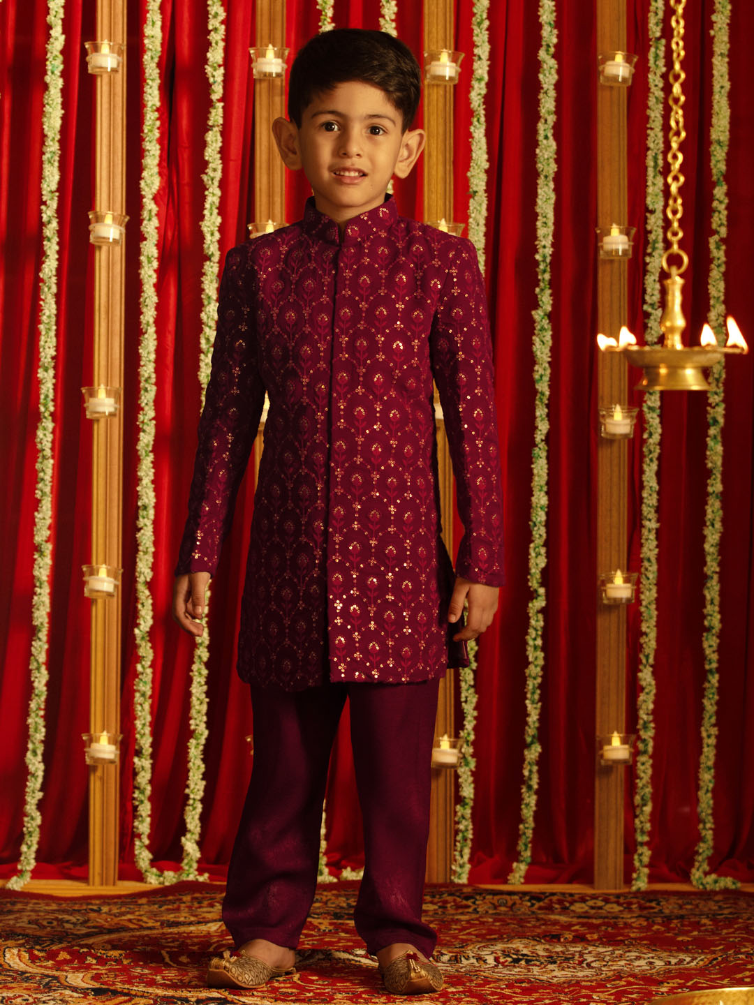 Boy's' Maroon Georgette Embroidered Indo Western Set