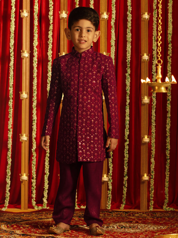 Boy's' Maroon Georgette Embroidered Indo Western Set