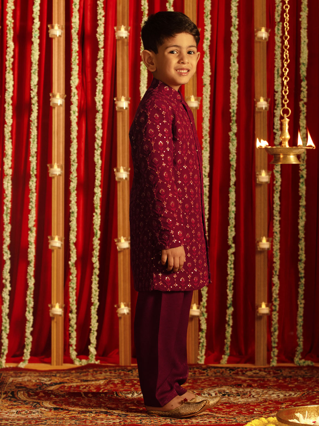 Boy's' Maroon Georgette Embroidered Indo Western Set
