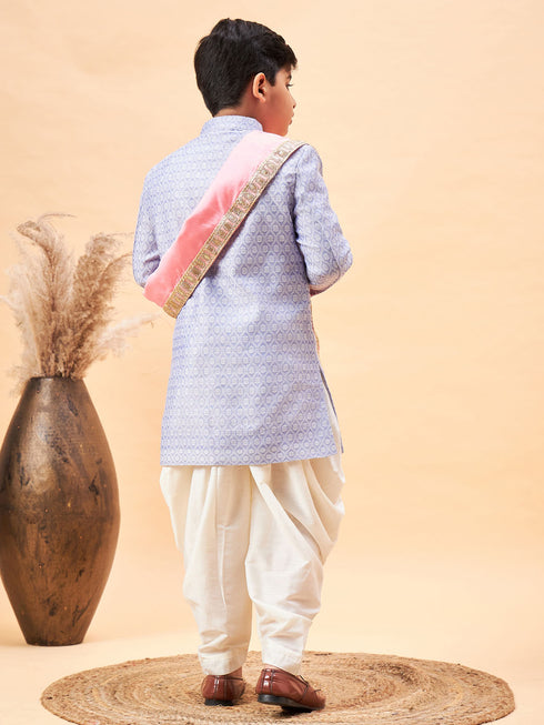 Boy's Lavender Indo Western Jacquard Sherwani And Dhoti Pant Set Come With Pinjk Dupatta