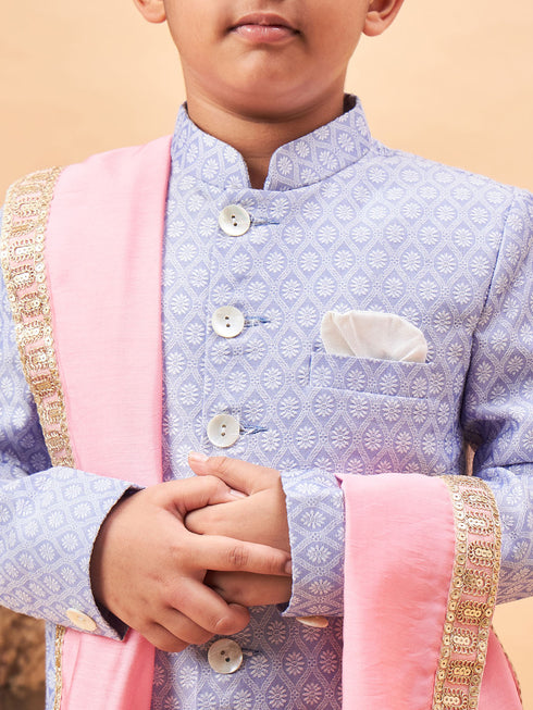 Boy's Lavender Indo Western Jacquard Sherwani And Dhoti Pant Set Come With Pinjk Dupatta