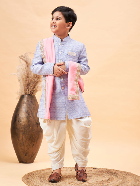 Boy's Lavender Indo Western Jacquard Sherwani And Dhoti Pant Set Come With Pinjk Dupatta
