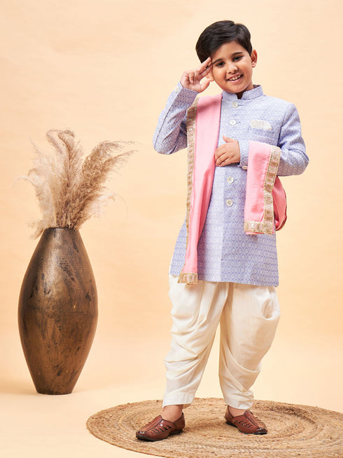 Boy's Lavender Indo Western Jacquard Sherwani And Dhoti Pant Set Come With Pinjk Dupatta