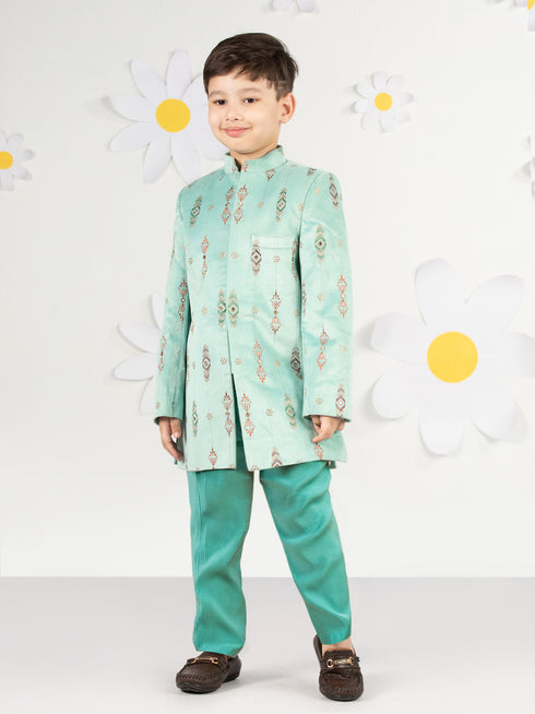 Boy's Mint Green Velvet Indo-Western Set