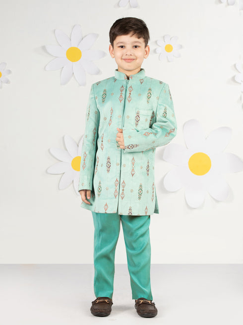 Boy's Mint Green Velvet Indo-Western Set
