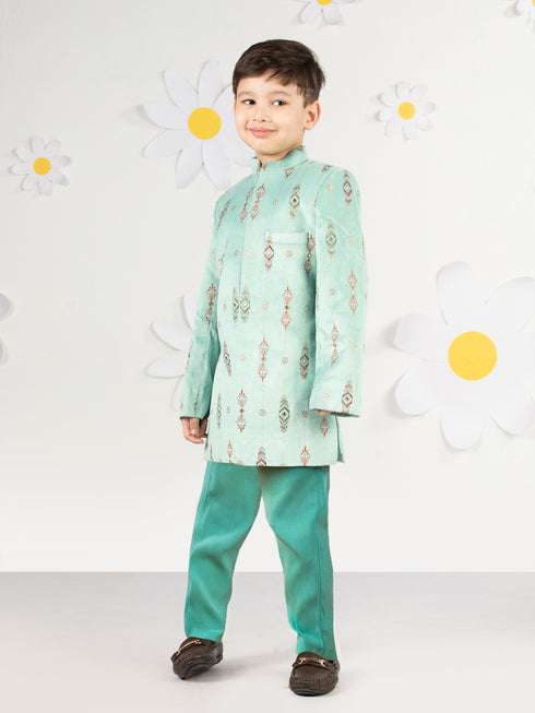 Boy's Mint Green Velvet Indo-Western Set