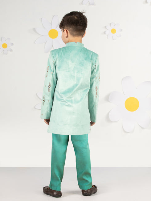 Boy's Mint Green Velvet Indo-Western Set
