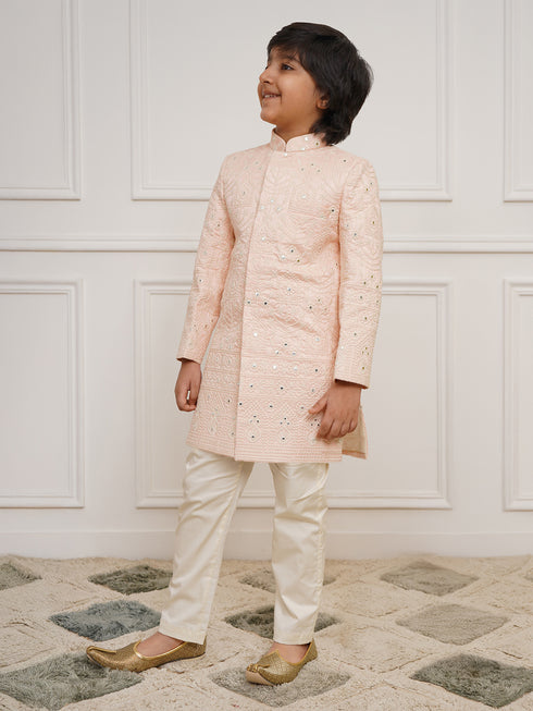 Boy's' Peach Sherwani And Pyjama Set