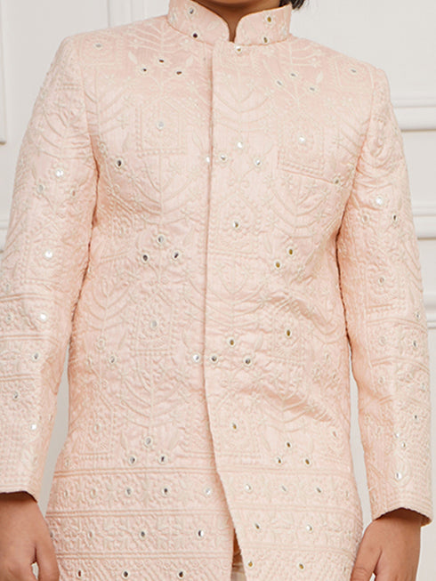 Boy's' Peach Sherwani And Pyjama Set