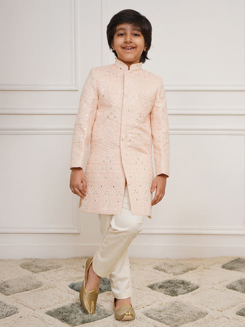 Boy's' Peach Sherwani And Pyjama Set