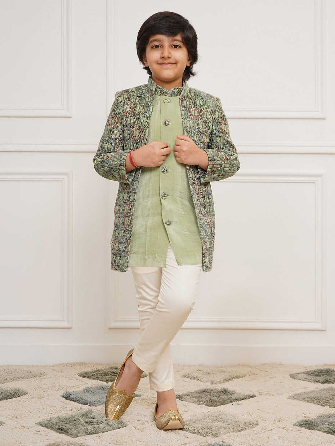 Boy's' Green Indo Western And Pyjama Set