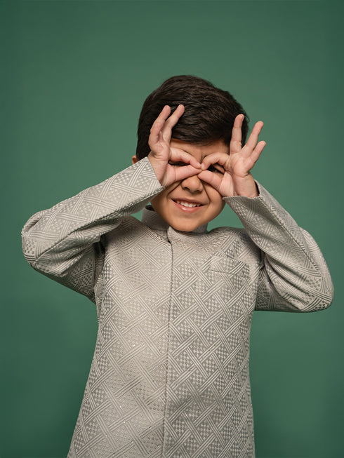 Boy's Silver Indo Western And Pyjama Set