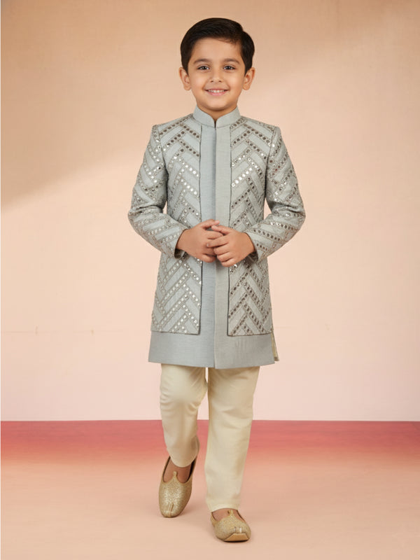 Boy's Aqua Silk Blend Sherwani Set