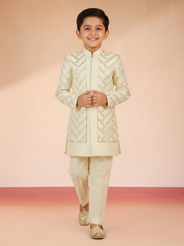 Boy's Cream Silk Blend Sherwani Set