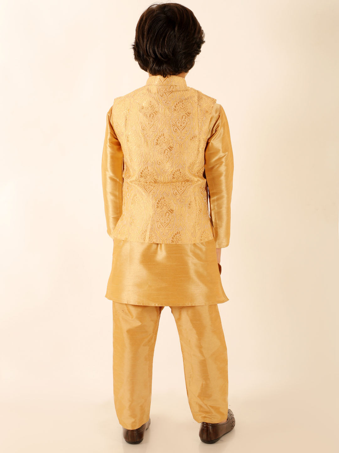 Boy's Rose Gold Silk Blend Jacket With Kurta Pyjama Set