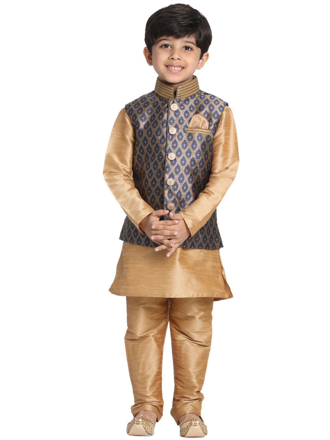 VASTRAMAY Boys' Gold Cotton Silk Blend Kurta, Waistcoat and Pyjama Set