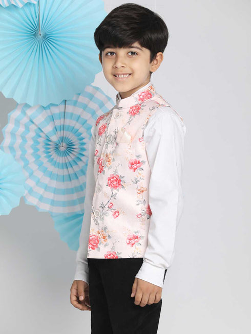 Boy's Multicolor-Base-Peach Floral Printed Nehru Jacket
