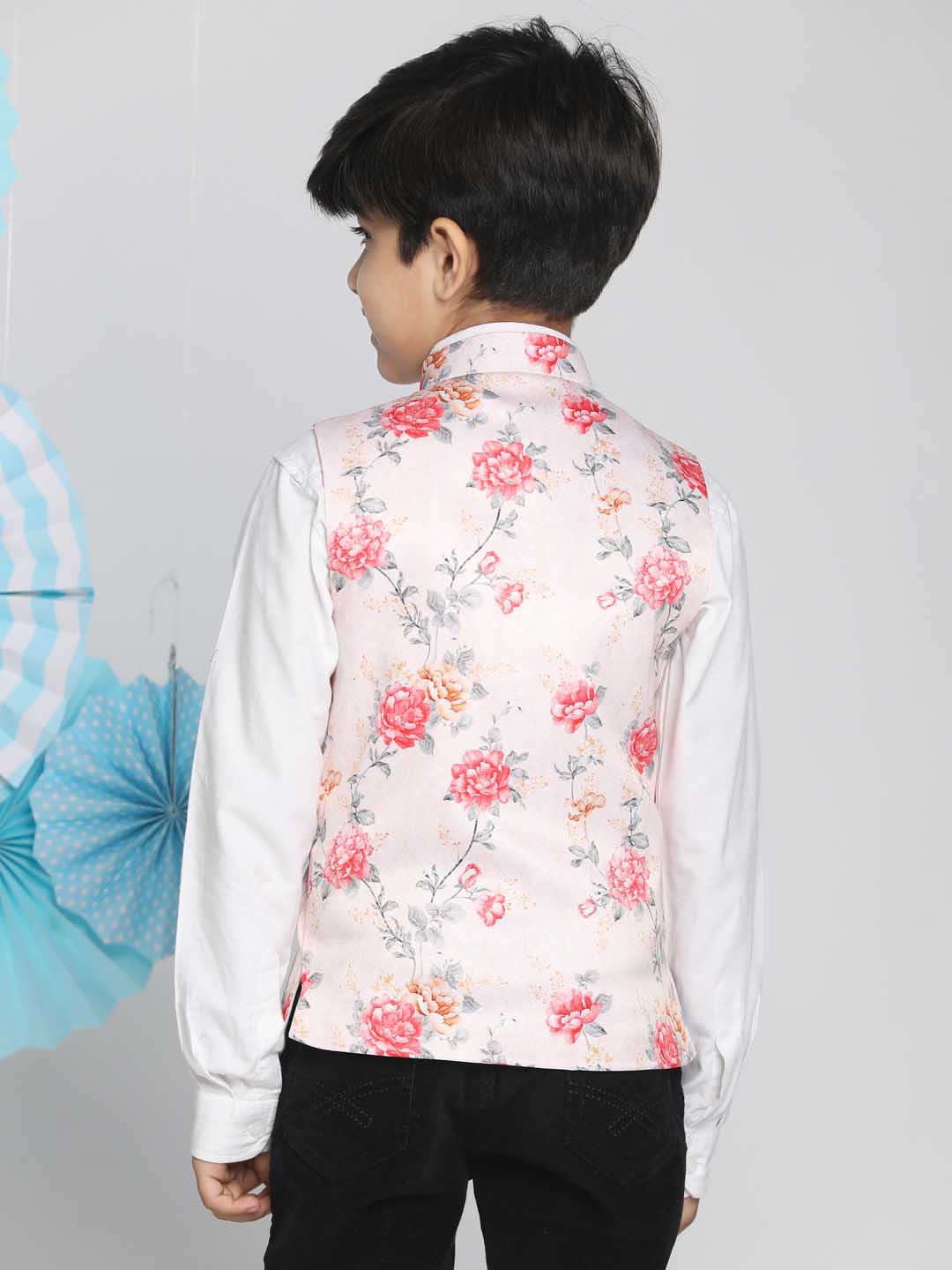 Boy's Multicolor-Base-Peach Floral Printed Nehru Jacket
