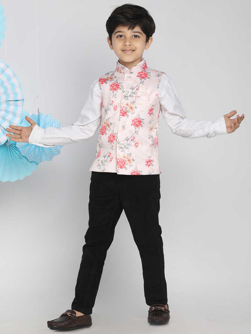 Boy's Multicolor-Base-Peach Floral Printed Nehru Jacket
