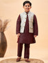 Boy's Beige Nehru Jacket With Wine Kurta And Pyjama Set