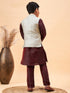 Boy's Beige Nehru Jacket With Wine Kurta And Pyjama Set