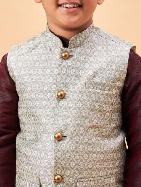 Boy's Beige Nehru Jacket With Wine Kurta And Pyjama Set