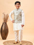 Boy's Beige Woven Jacket With Cream Kurta And Pyjama Set