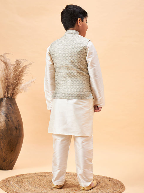 Boy's Beige Woven Jacket With Cream Kurta And Pyjama Set