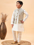 Boy's Beige Woven Jacket With Cream Kurta And Pyjama Set