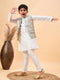 Boy's Beige Woven Jacket With White Kurta And Pyjama Set