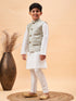 Boy's Beige Woven Jacket With White Kurta And Pyjama Set