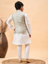 Boy's Beige Woven Jacket With White Kurta And Pyjama Set