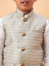Boy's Beige Woven Jacket With White Kurta And Pyjama Set