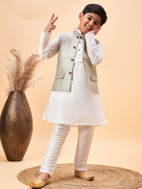 Boy's Beige Woven Jacket With White Kurta And Pyjama Set