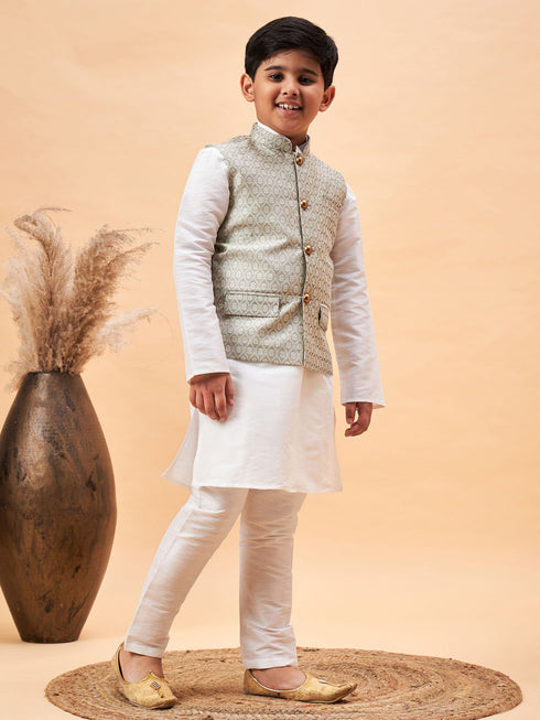 Boy's Beige Woven Jacket With White Kurta And Pyjama Set
